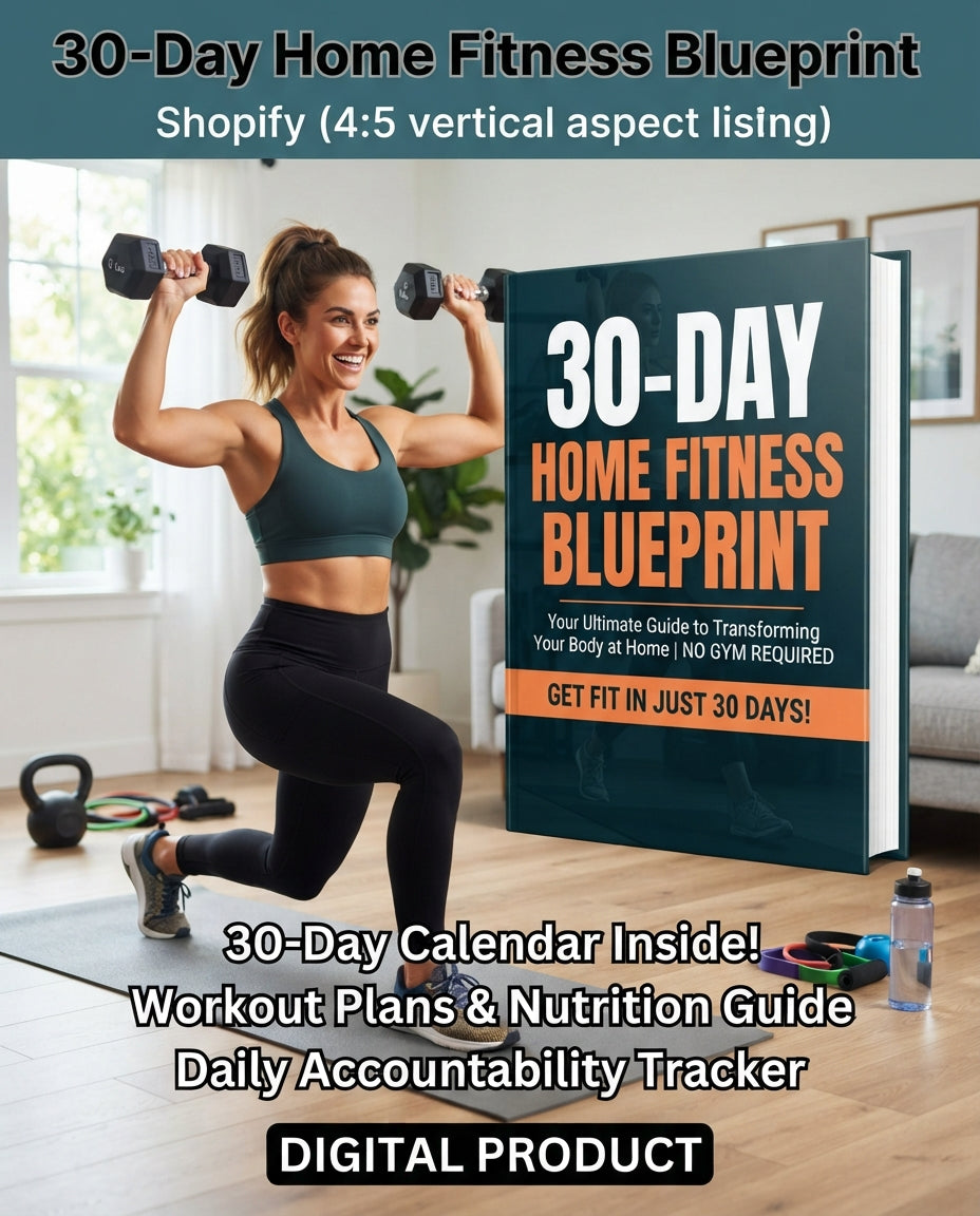 Promotional graphic for a digital product titled '30-Day Home Fitness Blueprint,' showing a woman lifting dumbbells in a bright home interior next to a large book-style cover. Text highlights Shopify compatibility, a 30-day calendar, workout plans, nutrition guide, accountability tracker, and digital product format.