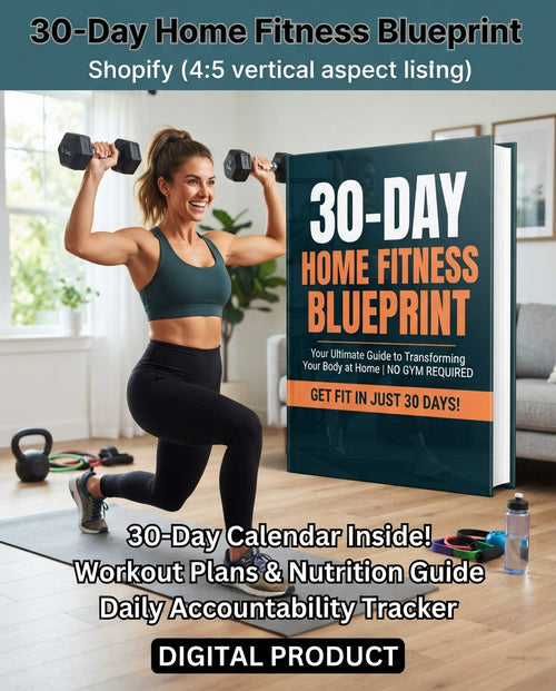 Promotional graphic for a digital product titled '30-Day Home Fitness Blueprint,' showing a woman lifting dumbbells in a bright home interior next to a large book-style cover. Text highlights Shopify compatibility, a 30-day calendar, workout plans, nutrition guide, accountability tracker, and digital product format.